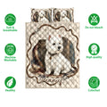 Westie quilt bedding arrangement shown with white terrier artwork, paw prints, and product feature icons