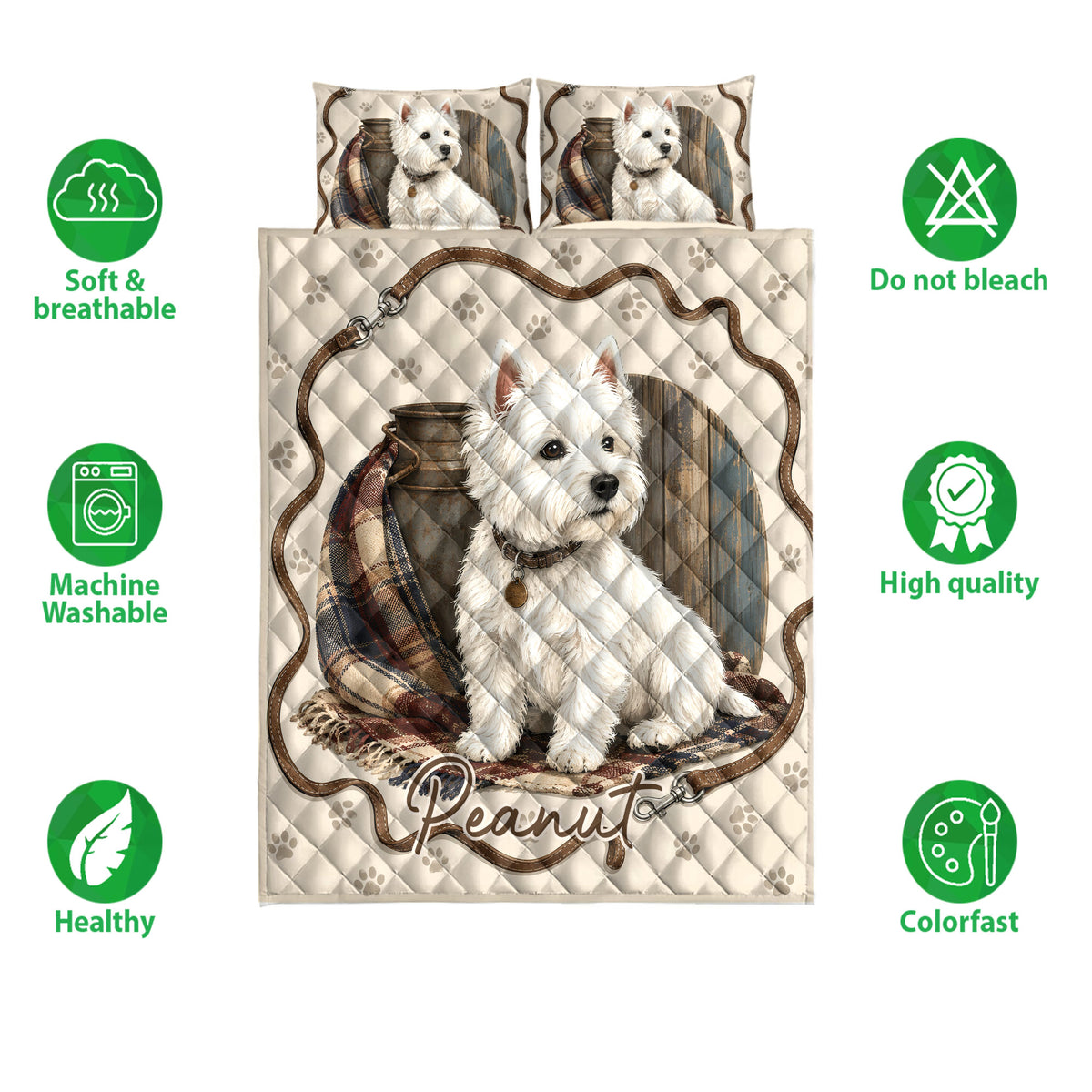 Westie quilt bedding arrangement shown with white terrier artwork, paw prints, and product feature icons