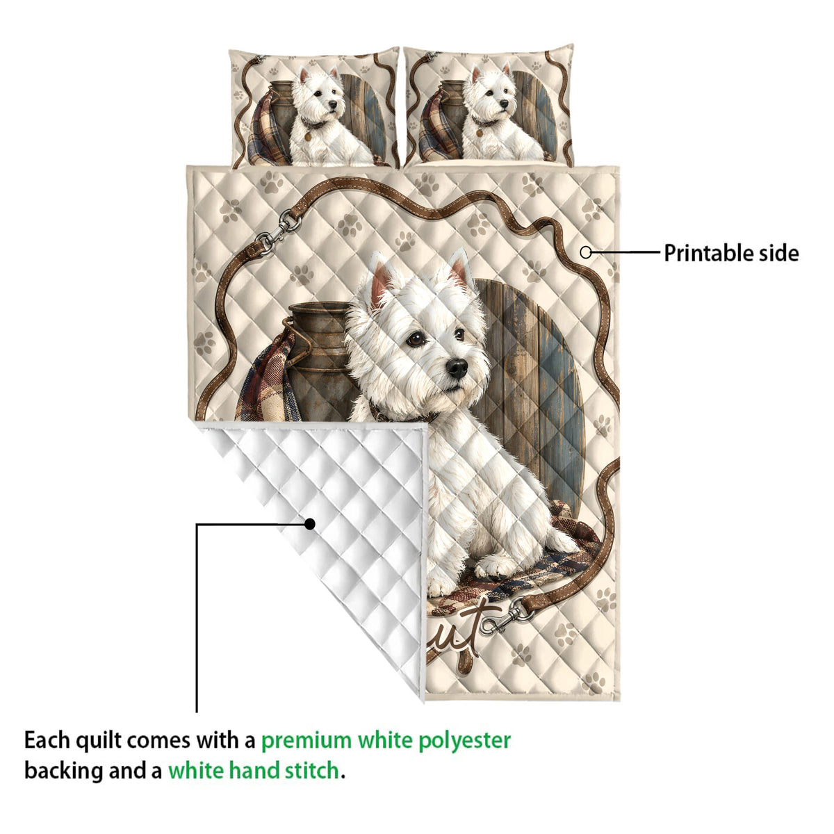 Westie quilt blanket showing the printed front, white reverse, and detailed white terrier artwork