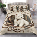 Westie quilt bedding styled in a bright bedroom with white terrier artwork and rustic plaid accents