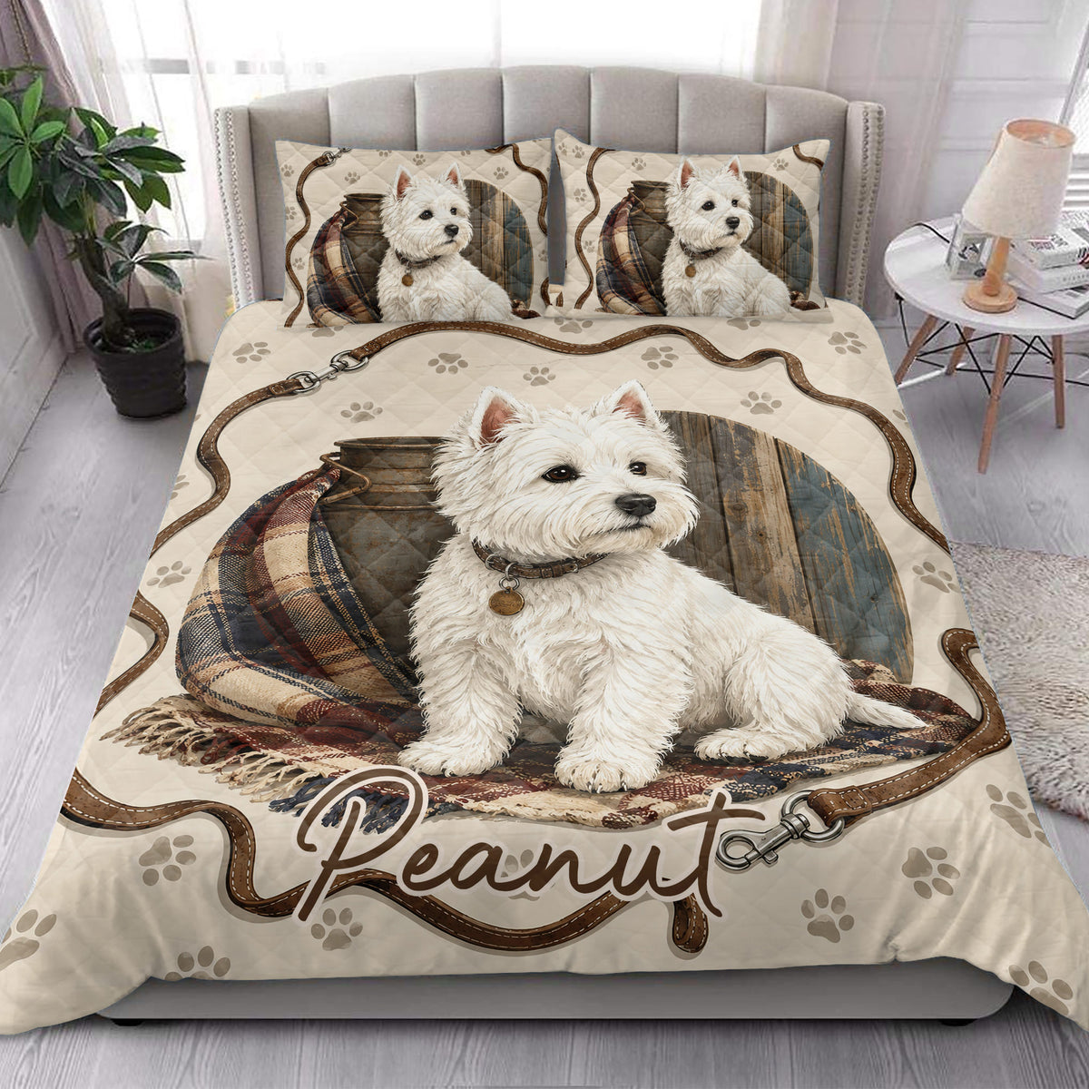 Westie quilt bedding styled in a bright bedroom with white terrier artwork and rustic plaid accents