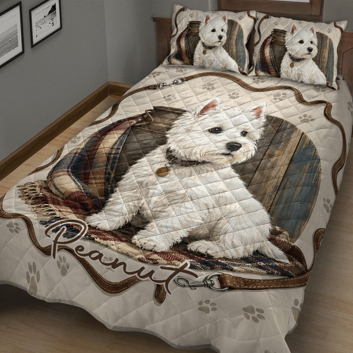 Close view of a Westie quilt blanket featuring a white terrier resting on a plaid blanket design