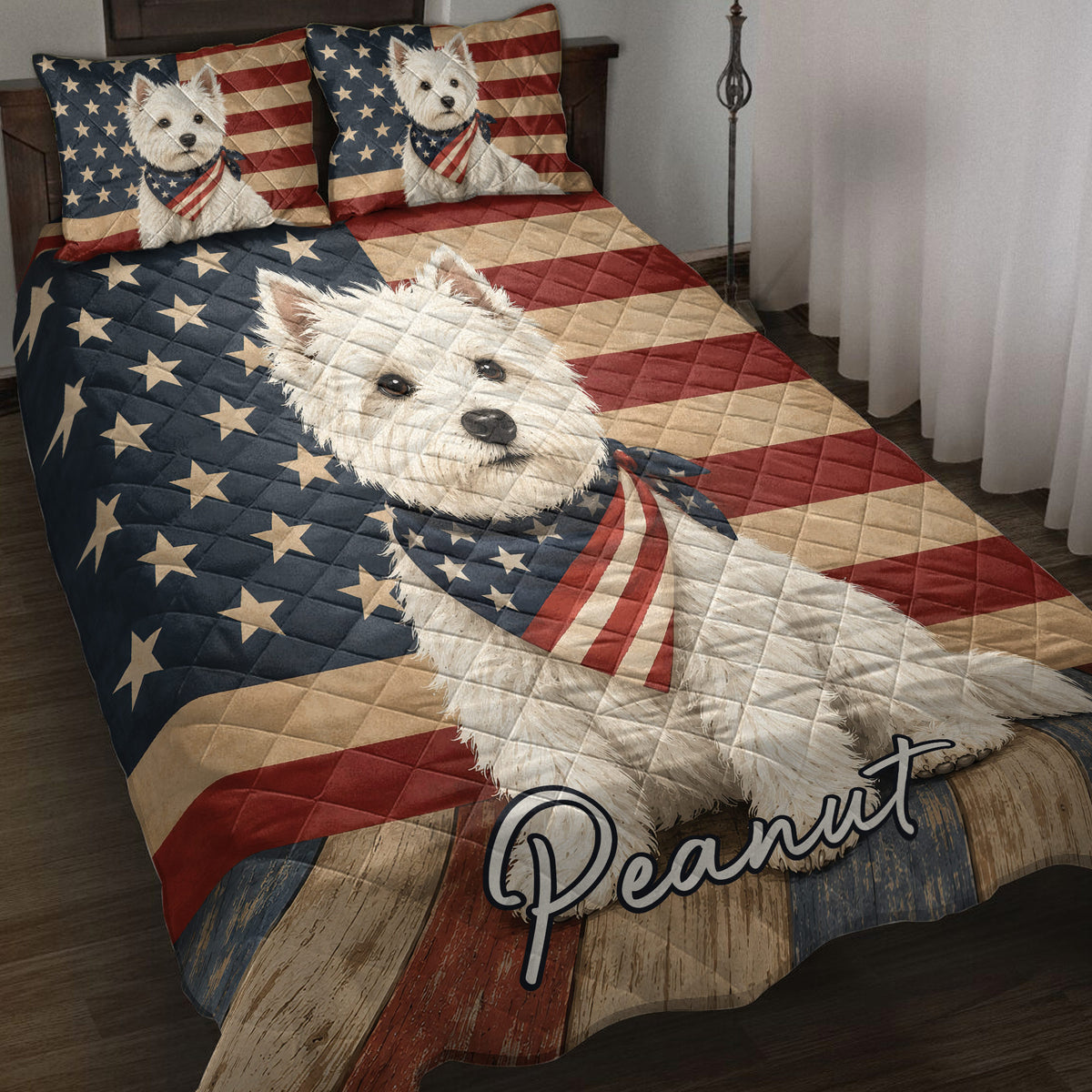Westie quilt blanket displayed on a bed with patriotic stars and stripes artwork