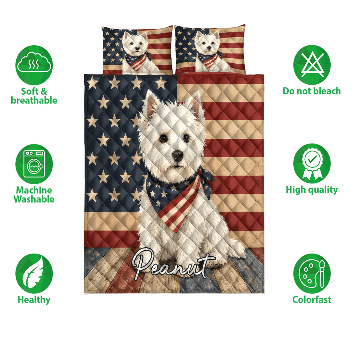 Westie quilt bedding set with patriotic flag artwork and illustrated dog design