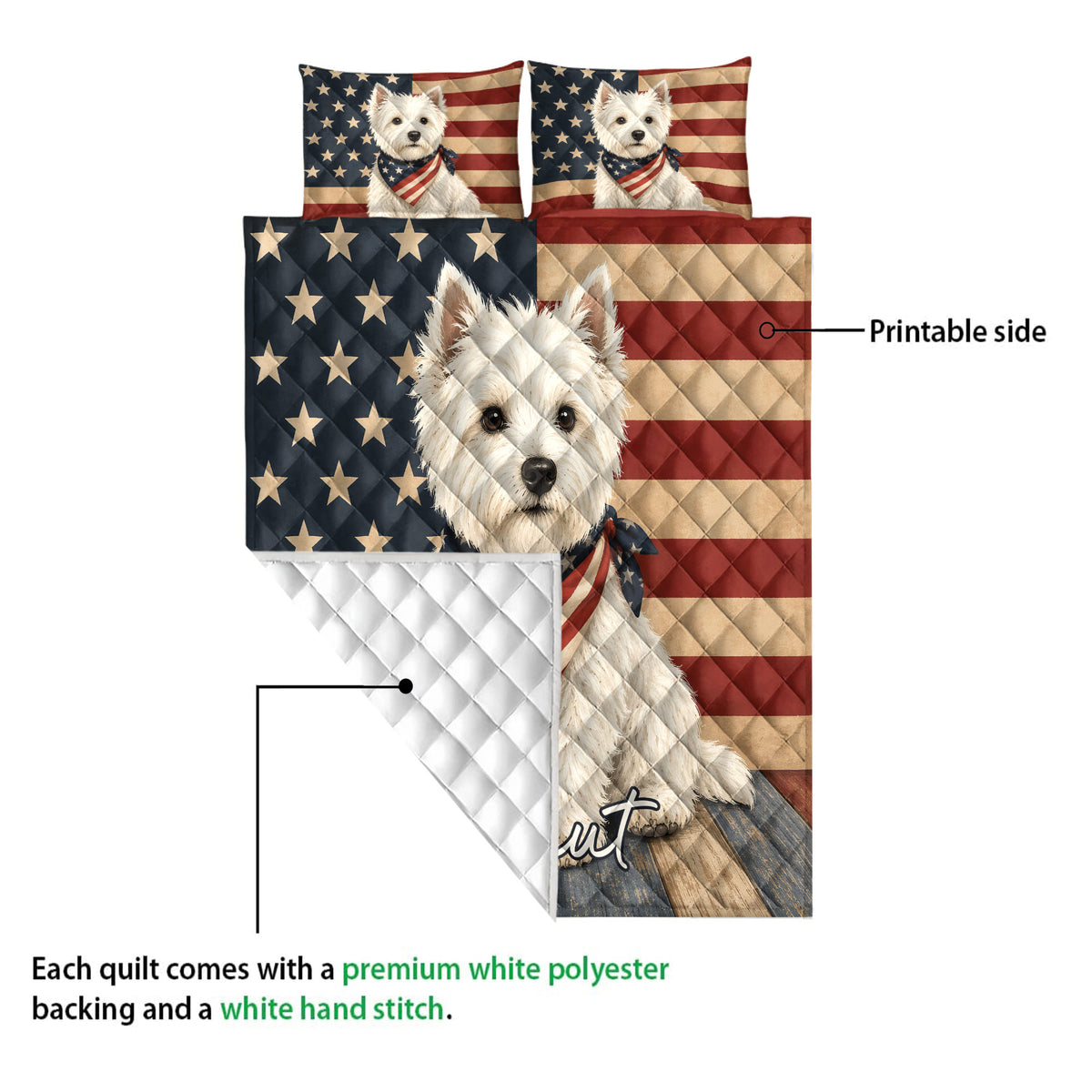 Westie quilt showing the printed front and white quilted backing