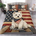 Westie quilt blanket styled in a bright bedroom with matching patriotic dog artwork