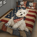Close bedroom view of a Westie quilt blanket with stars and stripes design
