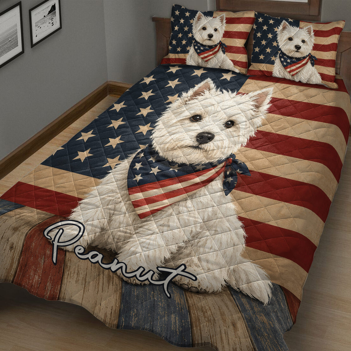 Close bedroom view of a Westie quilt blanket with stars and stripes design