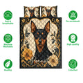 Miniature Pinscher quilt bedding set shown front-facing with floral artwork and feature icons
