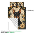 Miniature Pinscher quilt showing the printed floral front and white quilted backing detail