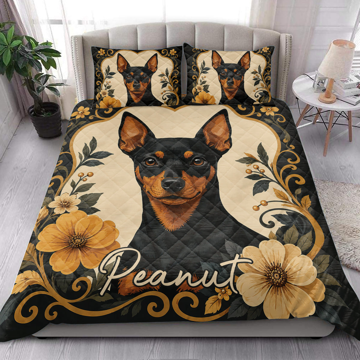 Miniature Pinscher quilt blanket styled in a bright bedroom with matching dog portrait accents