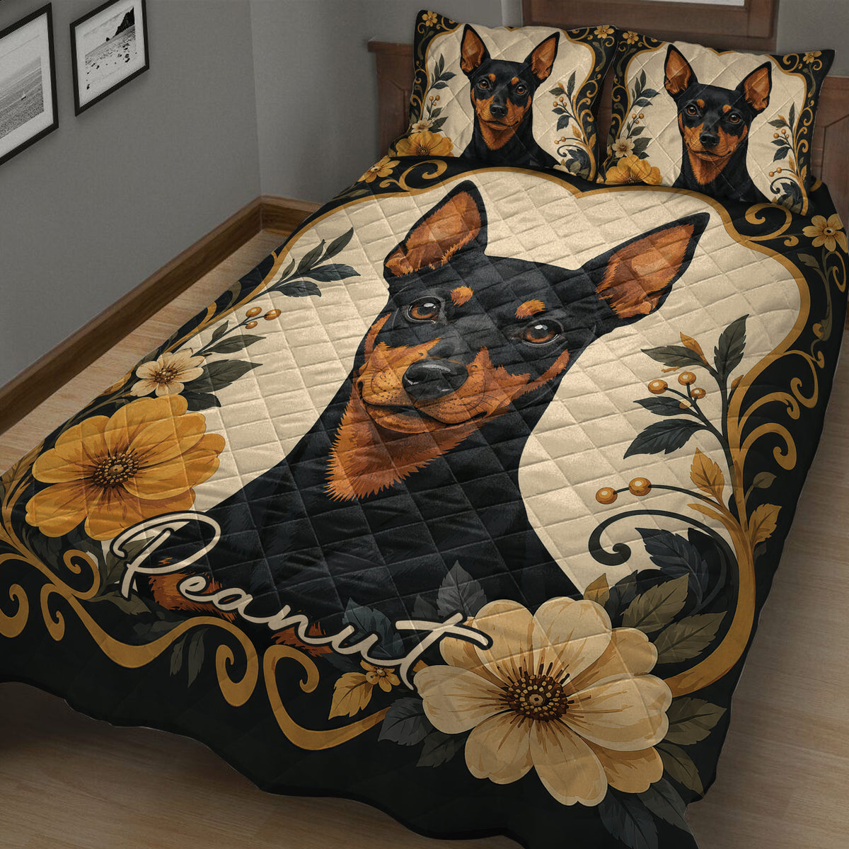 Close view of Miniature Pinscher quilt artwork with black and gold floral framing