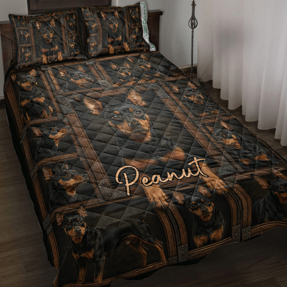 Miniature Pinscher quilt bedding set displayed on a bed with dark rustic wood and metal frame artwork