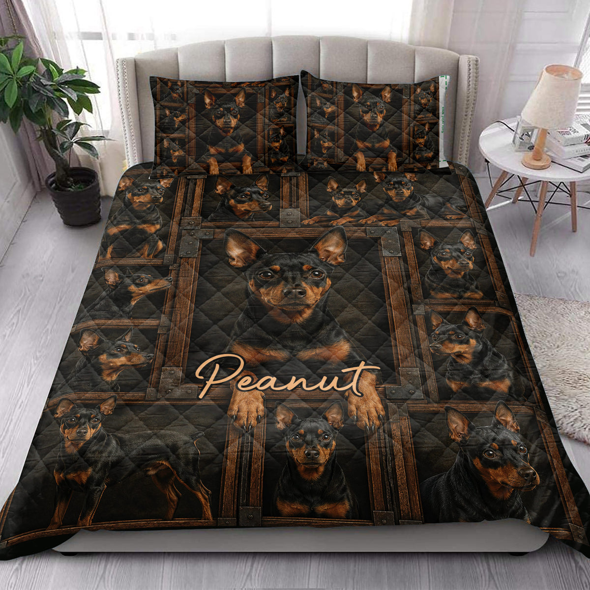 Miniature Pinscher quilt blanket styled in a bright bedroom with coordinated dog artwork