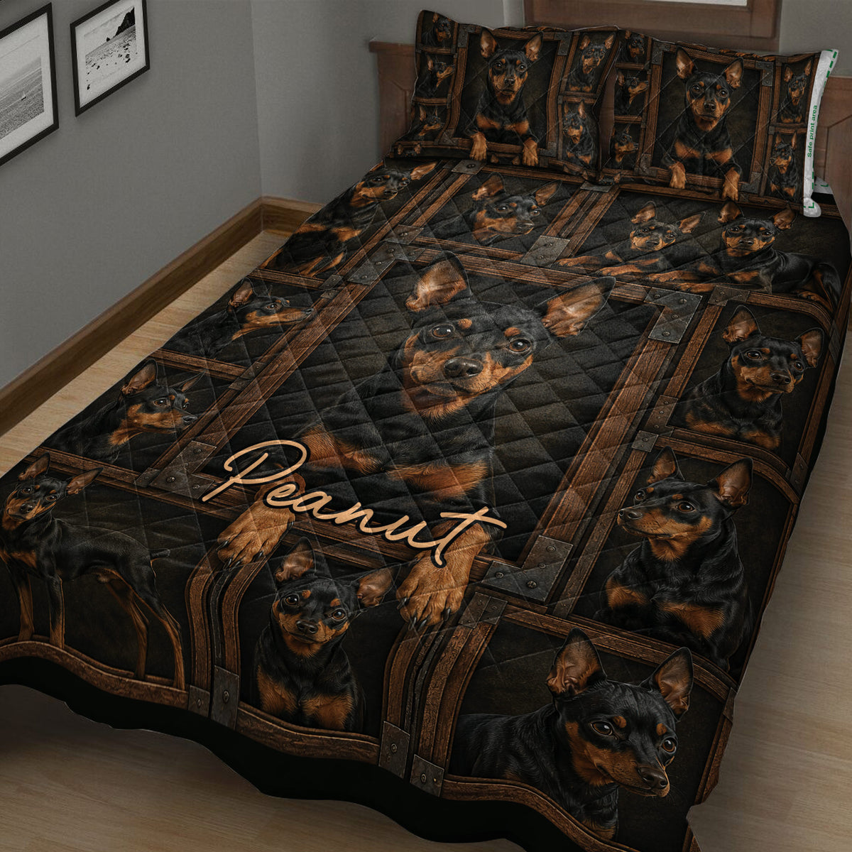 Rustic Miniature Pinscher quilt blanket displayed across a bed with matching dog artwork