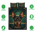 Miniature Pinscher quilt bedding set shown front-facing with matching dog artwork and feature icons