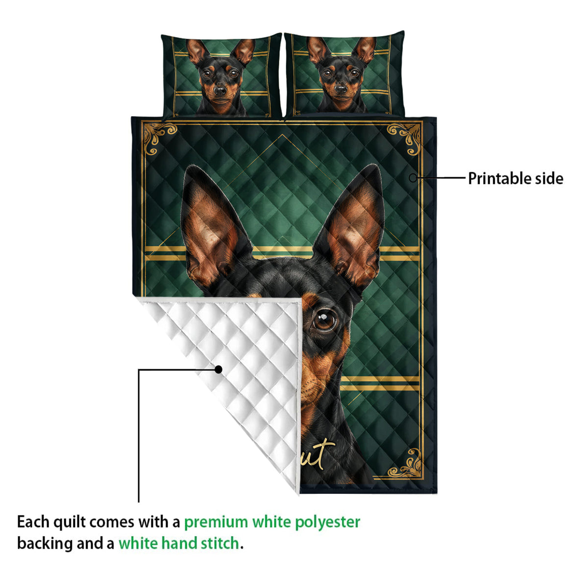 Miniature Pinscher quilt blanket showing the printed front and white quilted backing