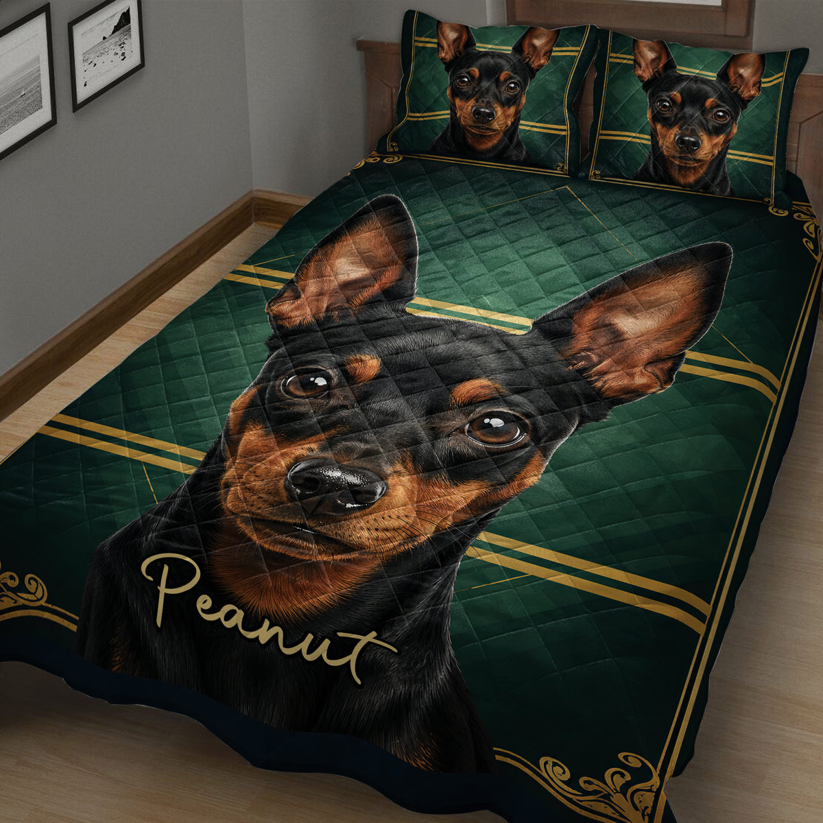 Close bedroom view of a Miniature Pinscher quilt blanket with green and gold ornamental design
