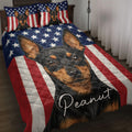 Miniature Pinscher quilt blanket displayed on a bed with patriotic stars and red and white stripes