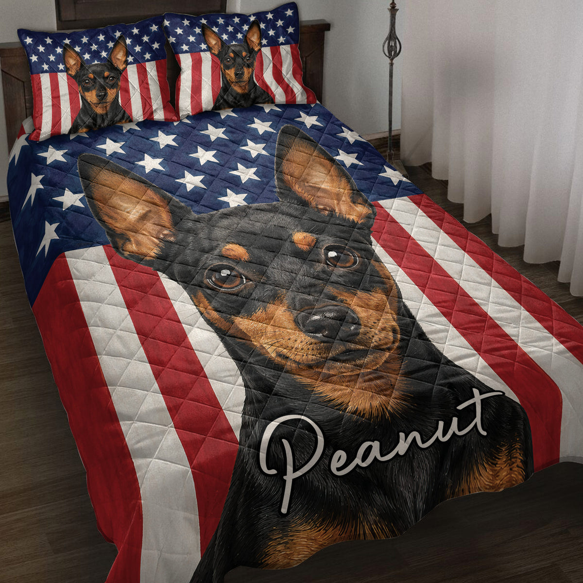Miniature Pinscher quilt blanket displayed on a bed with patriotic stars and red and white stripes