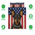 Miniature Pinscher quilt bedding design with patriotic flag artwork and feature icons