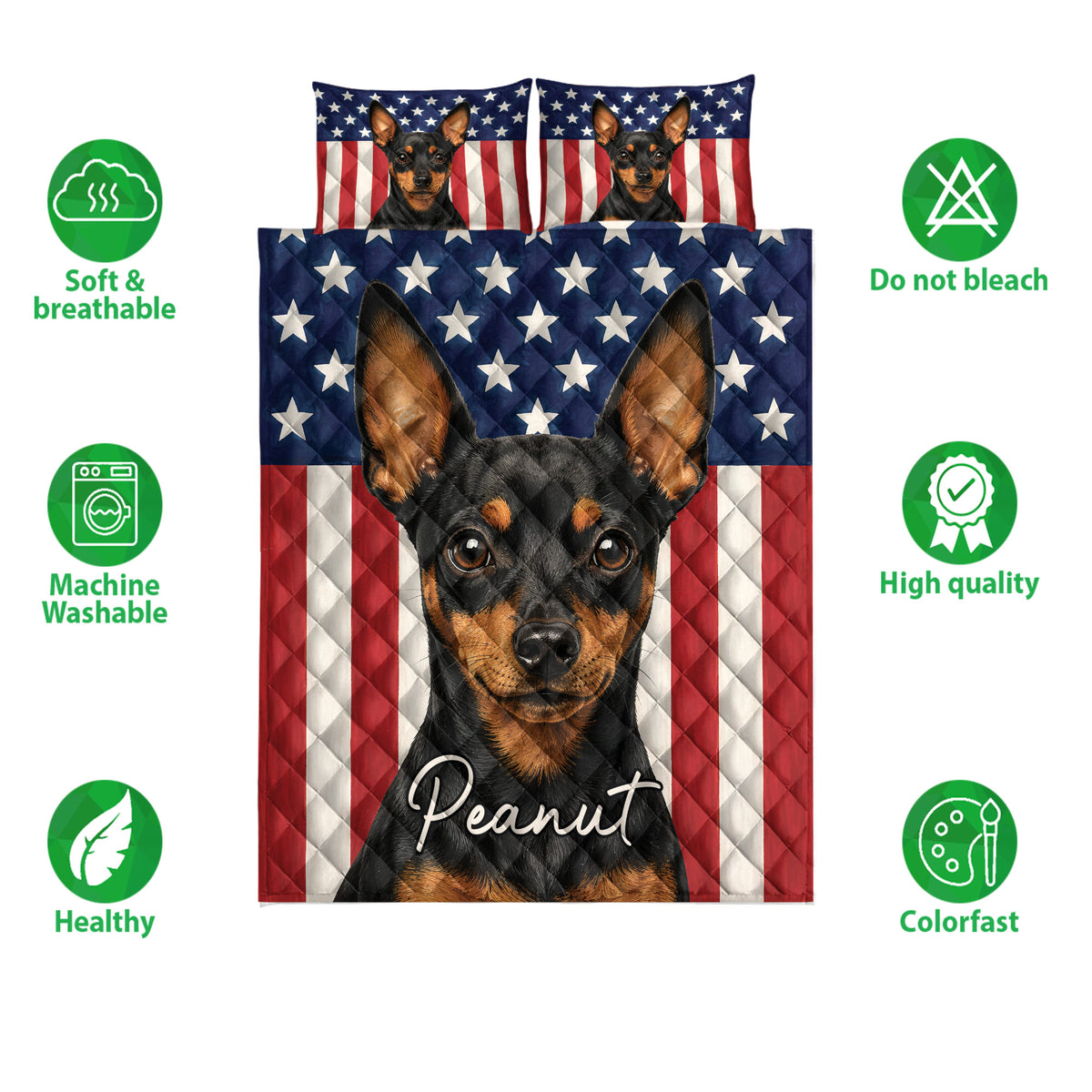 Miniature Pinscher quilt bedding design with patriotic flag artwork and feature icons