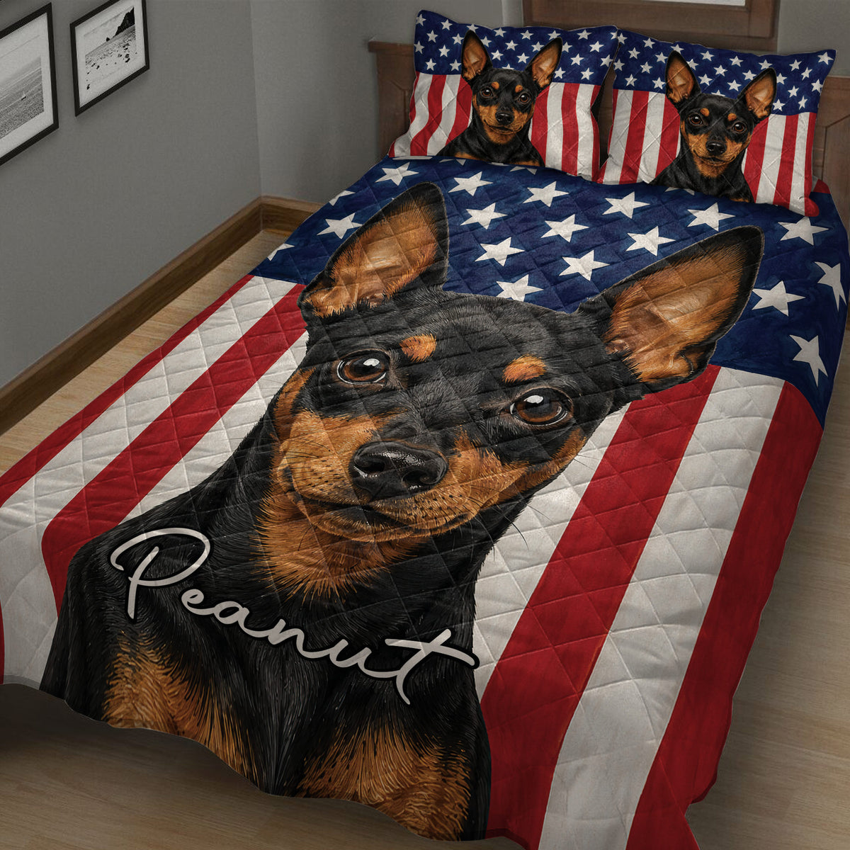 Close bedroom view of a Miniature Pinscher quilt blanket with stars, stripes and bold dog artwork