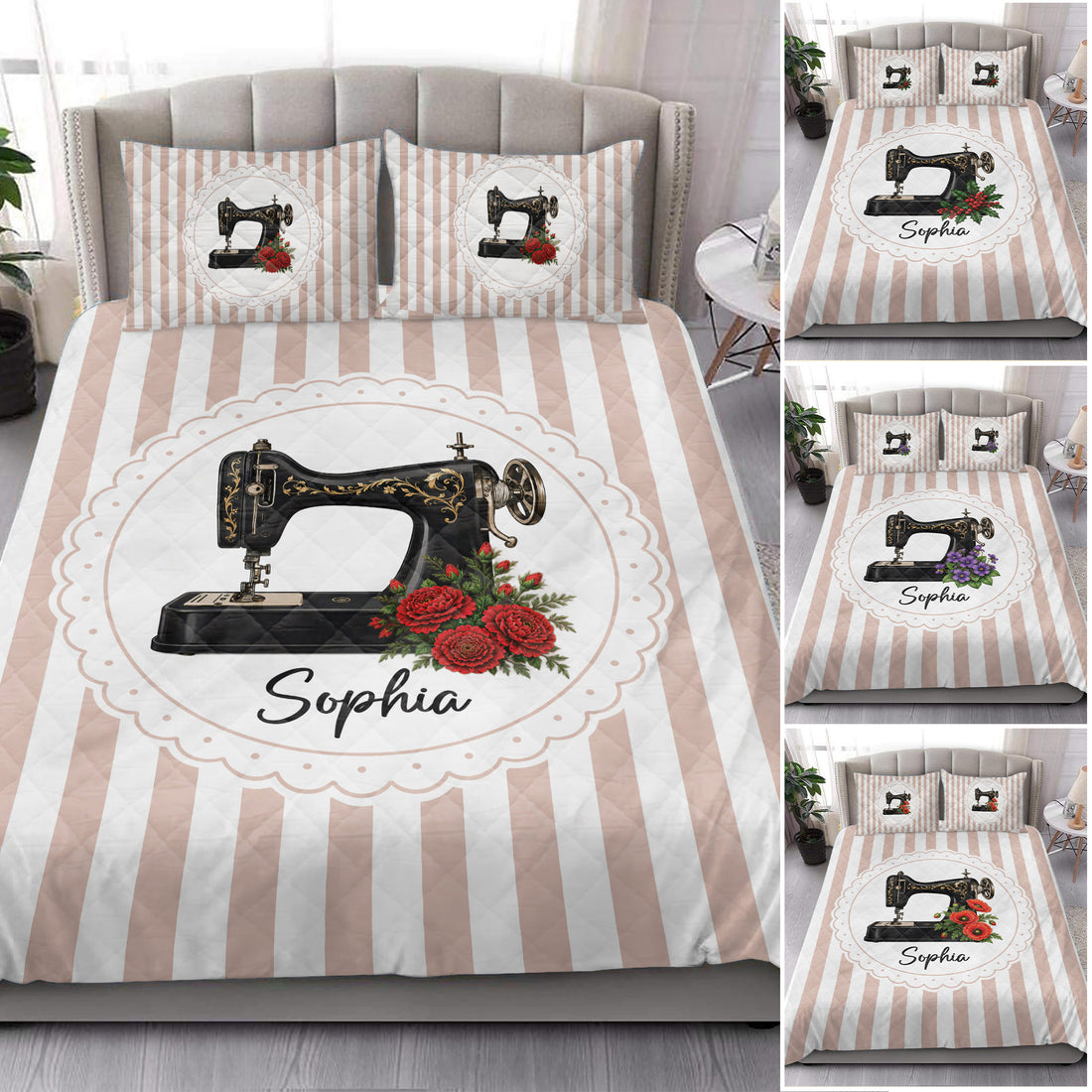 Sewing machine quilt blanket with floral artwork and blush striped bedroom bedding design