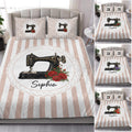 Sewing machine quilt blanket with floral artwork and blush striped bedroom bedding design