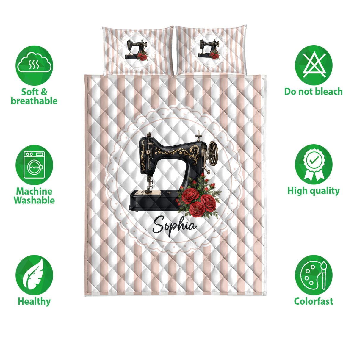 Sewing machine quilt blanket displayed with soft breathable and colorfast feature icons