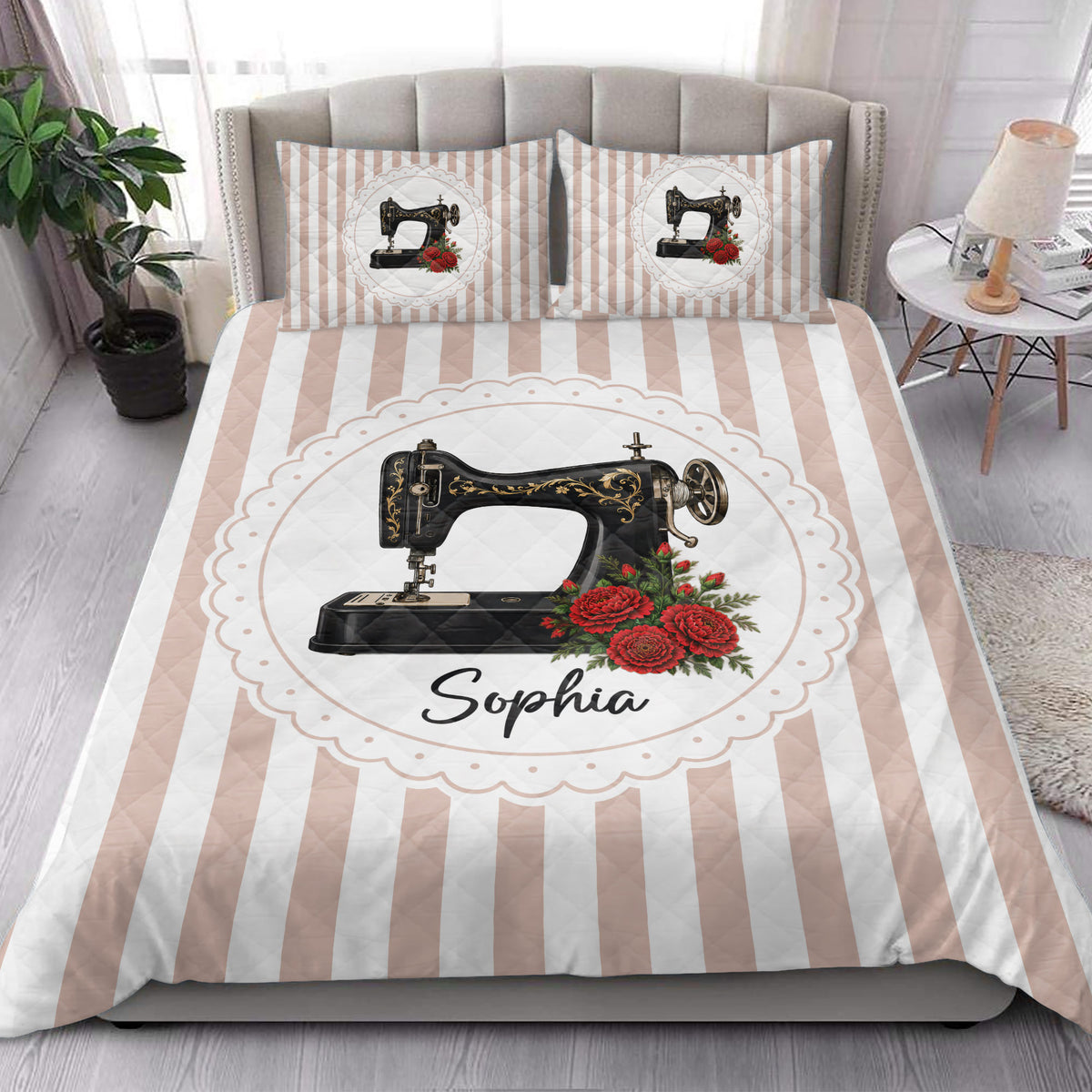 Sewing machine quilt blanket styled on a bright bedroom with blush and white stripes