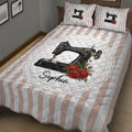 Sewing machine quilt blanket in a cozy bedroom with vintage floral sewing artwork