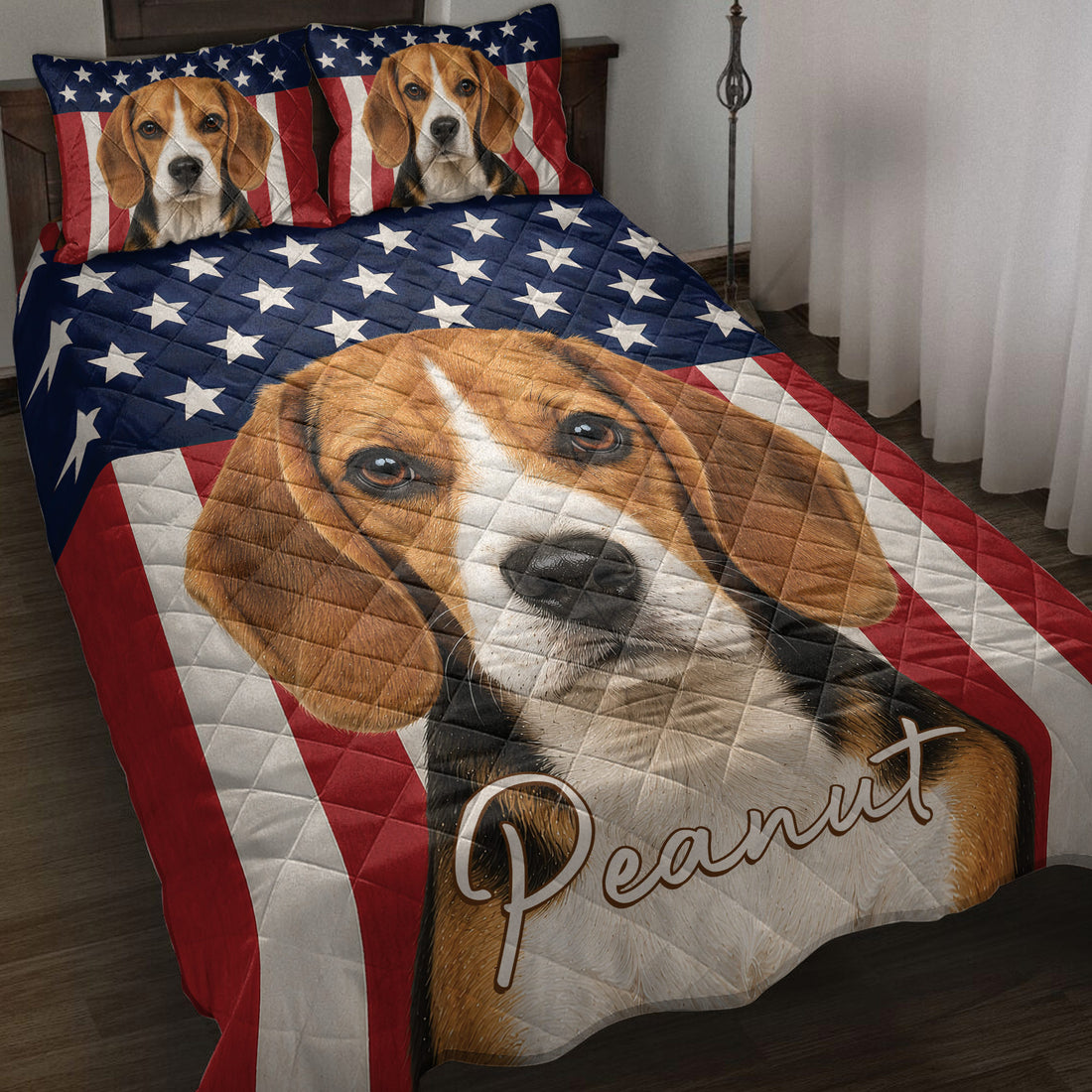 Beagle quilt blanket spread across a bed with patriotic stars and red, white, and blue stripes