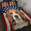 Beagle quilt blanket spread across a bed with patriotic stars and red, white, and blue stripes
