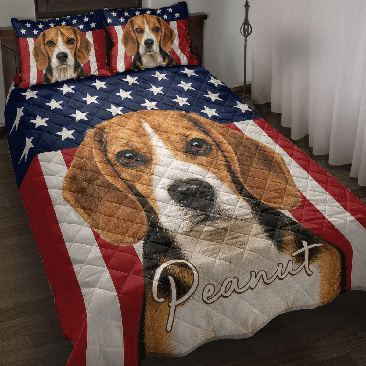 Beagle quilt blanket spread across a bed with patriotic stars and red, white, and blue stripes
