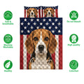 Patriotic Beagle quilt bedding set displayed with matching dog portrait pillow designs
