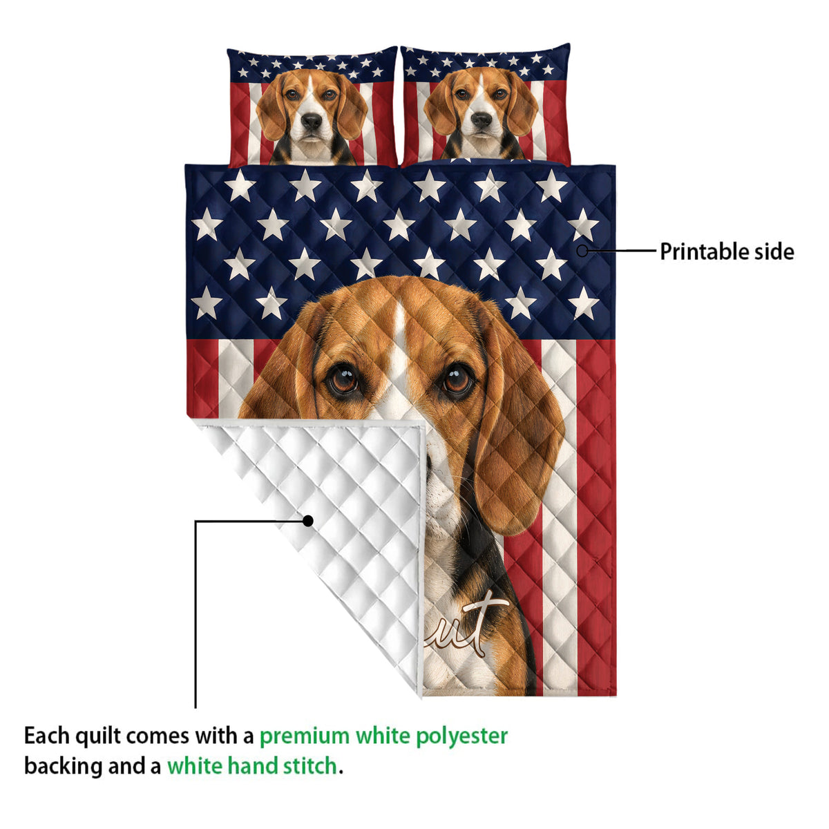 Beagle quilt showing the printed front and white quilted backing detail