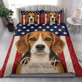 Patriotic Beagle quilt bedding styled in a bright bedroom with star-patterned pillows