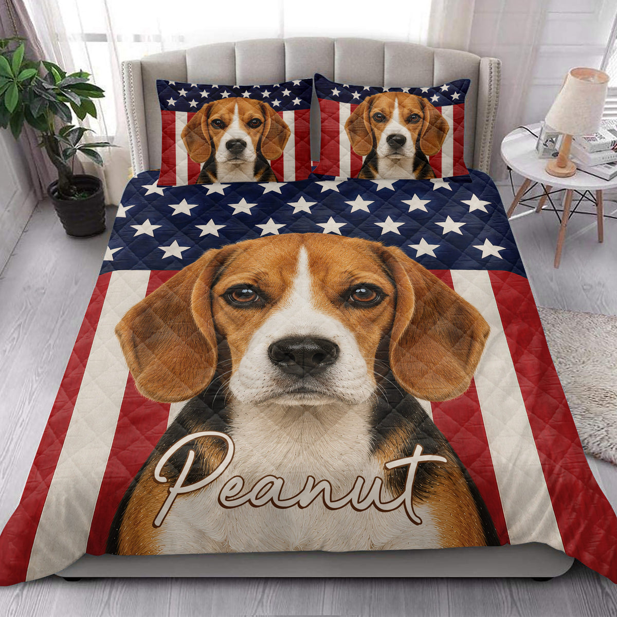 Patriotic Beagle quilt bedding styled in a bright bedroom with star-patterned pillows