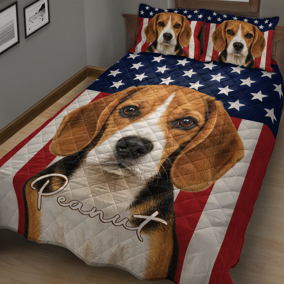 Close view of a Beagle portrait quilt with navy stars and red and white stripes