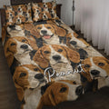 Beagle quilt blanket spread across a bed with matching Beagle pillow artwork in warm brown and black tones
