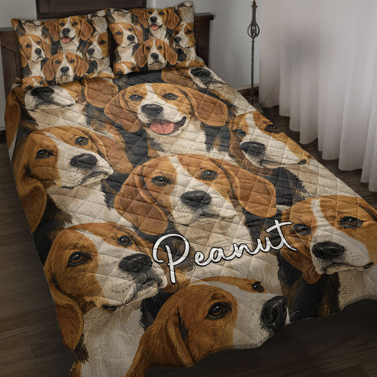 Beagle quilt blanket spread across a bed with matching Beagle pillow artwork in warm brown and black tones