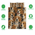 Beagle quilt bedding set displayed with matching pillows and visible soft, breathable, washable feature icons