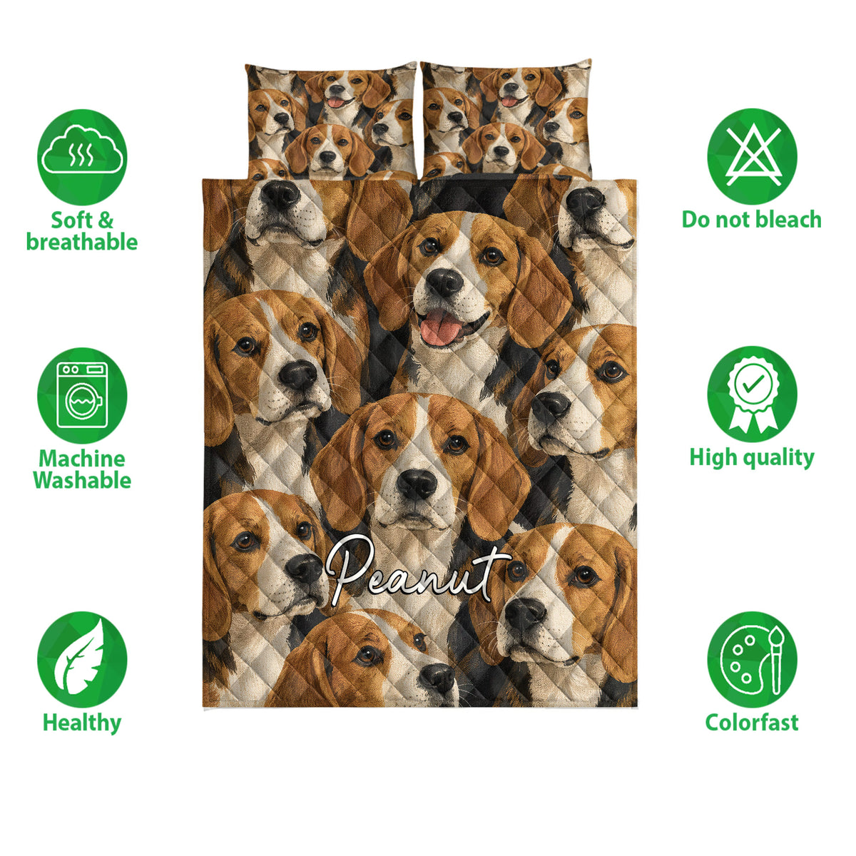 Beagle quilt bedding set displayed with matching pillows and visible soft, breathable, washable feature icons