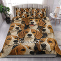 Beagle quilt blanket and matching pillows styled on a bright bedroom bed for dog lover decor