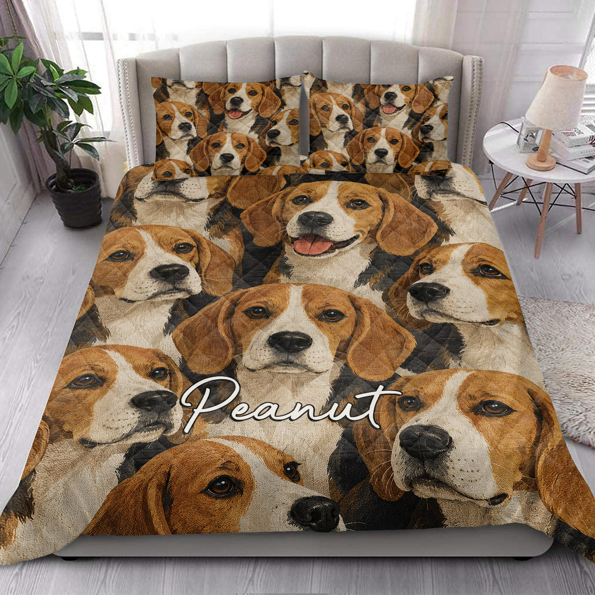 Beagle quilt blanket and matching pillows styled on a bright bedroom bed for dog lover decor