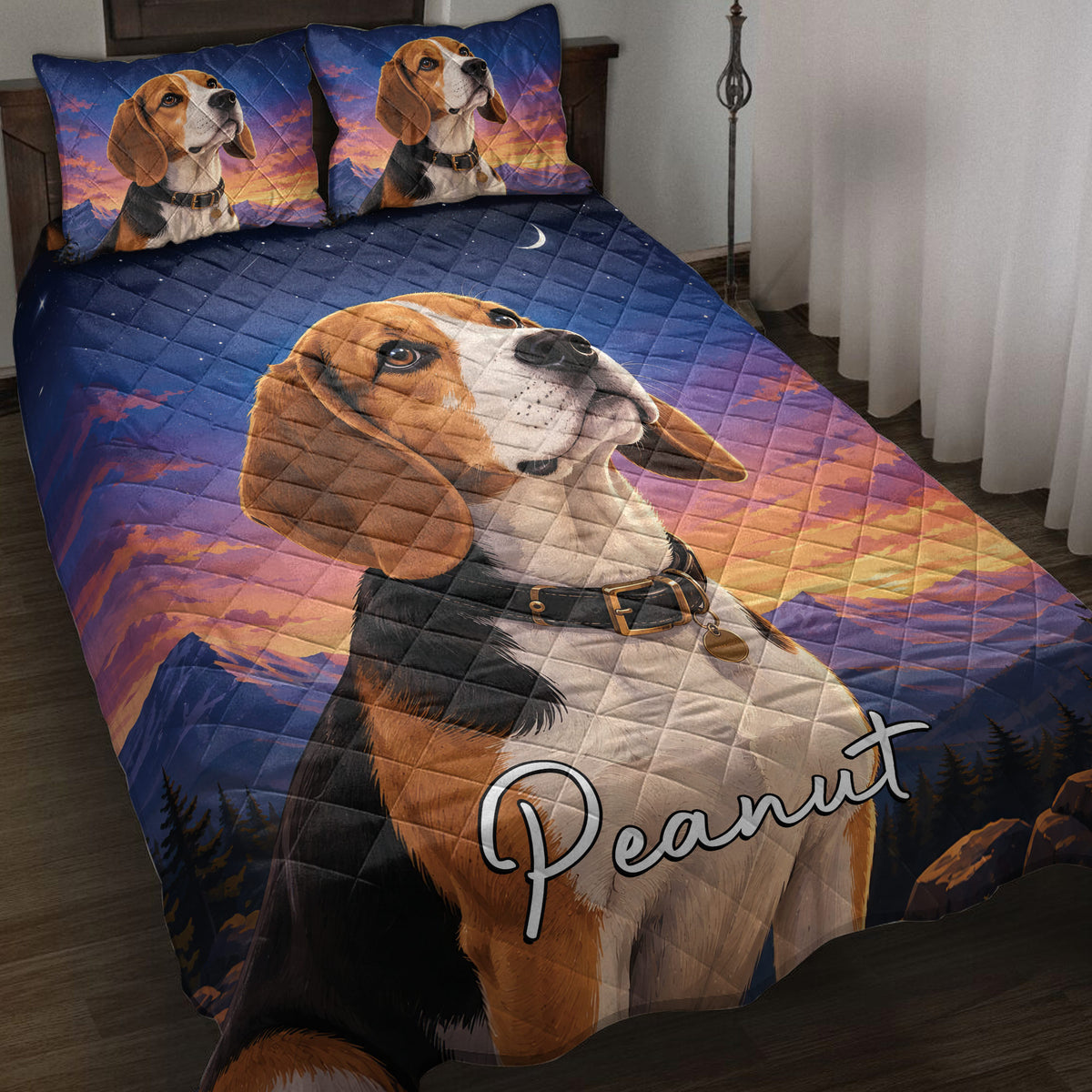 Beagle quilt blanket displayed on a bed with matching dog artwork, mountains, sunset colors, and starry sky