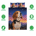 Beagle quilt bedding set shown with matching portrait design and soft, breathable, machine washable feature icons