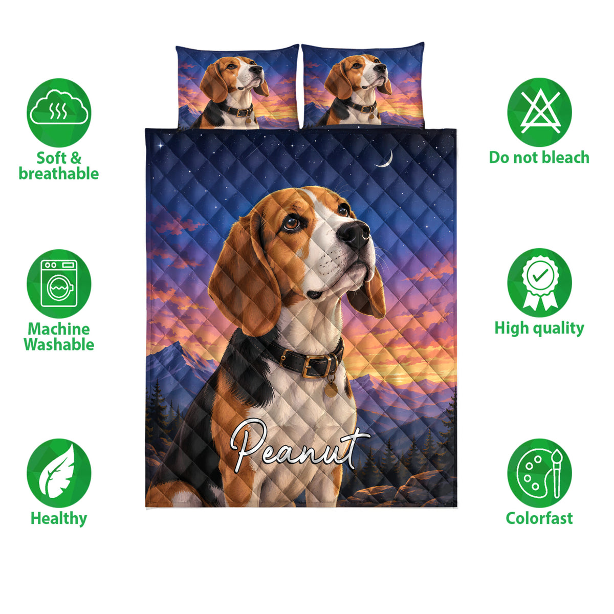 Beagle quilt bedding set shown with matching portrait design and soft, breathable, machine washable feature icons