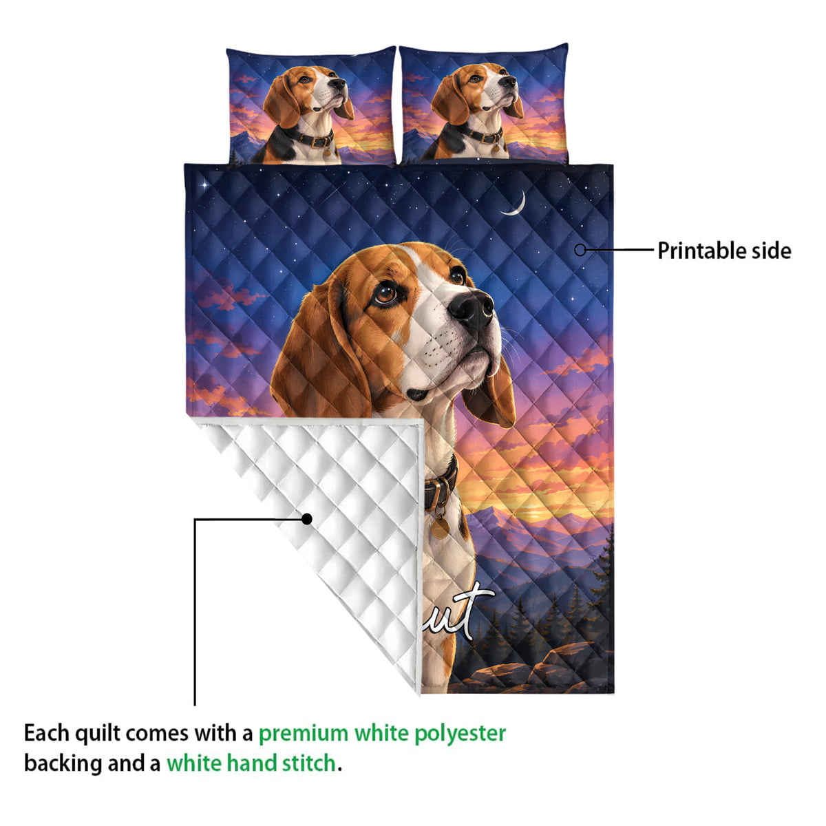 Beagle quilt blanket showing the printed front, white quilted backing, and matching dog portrait design